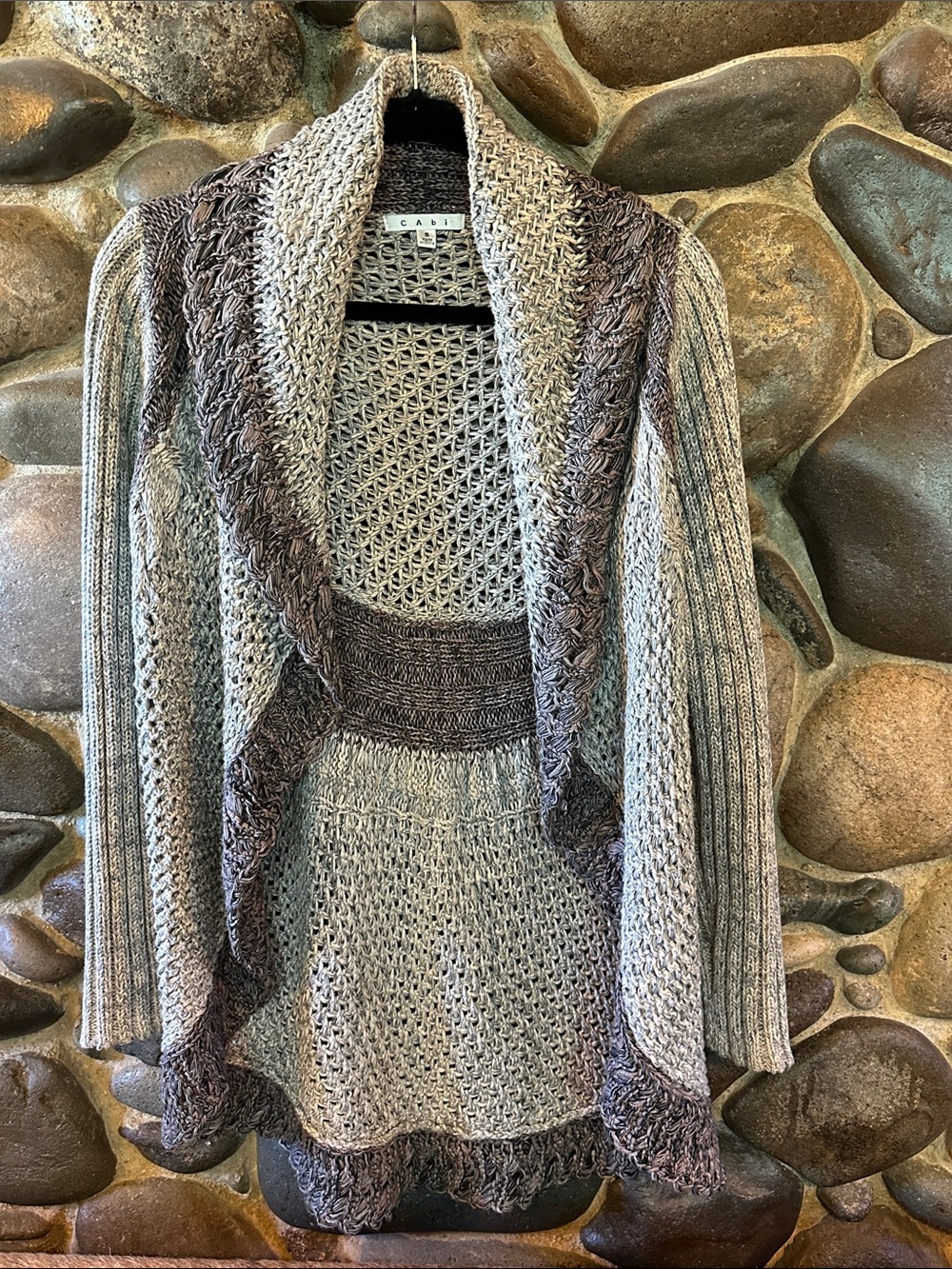 CAbi Open-Weave Knit Cardigan in Light Gray & Beige